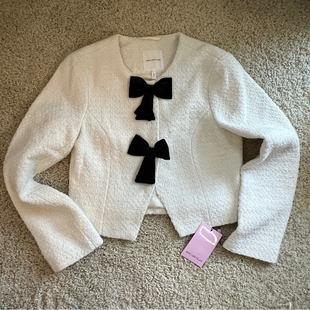 Avec Les Filles Ivory Cream Black Bow Cardigan Blazer NWT - Picture 15 of 16